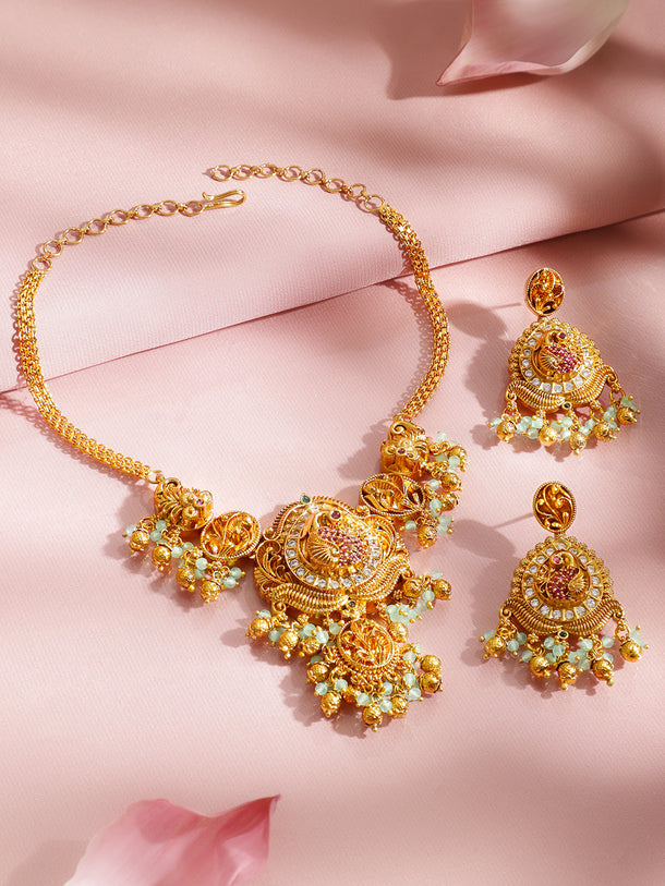 Pink & White Studded Golden Necklace Set