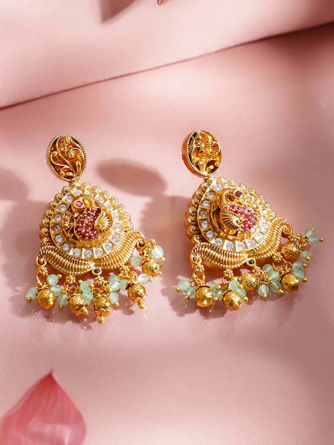 Pink & White Studded Golden Necklace Set