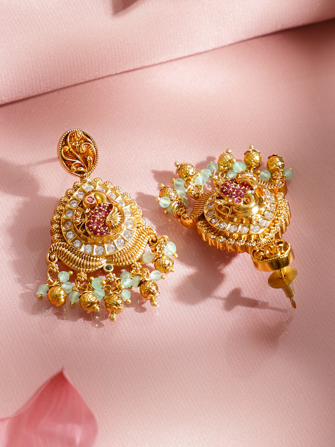 Pink & White Studded Golden Necklace Set