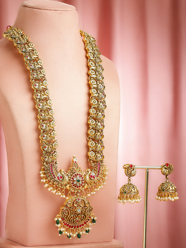 Red Studded Pearl Beaded Gold Necklace Set