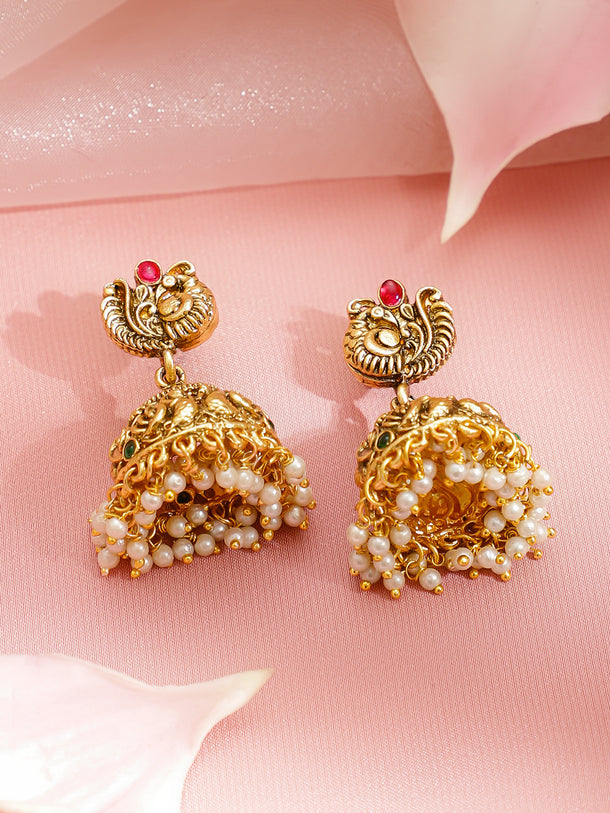 Red Studded Pearl Beaded Gold Necklace Set