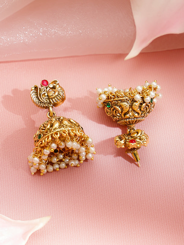 Red Studded Pearl Beaded Gold Necklace Set