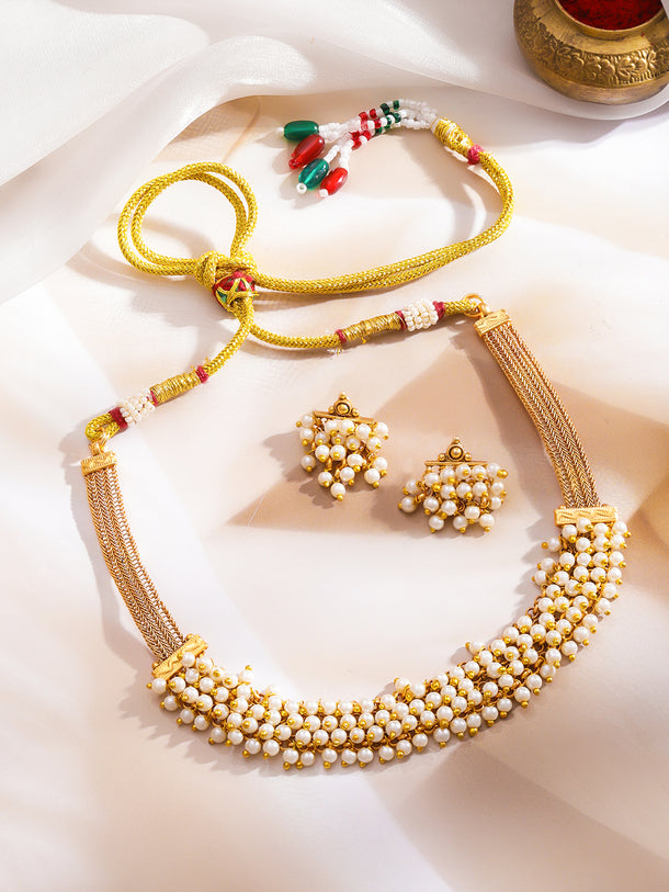 Pearl Embellished Gold Necklace set