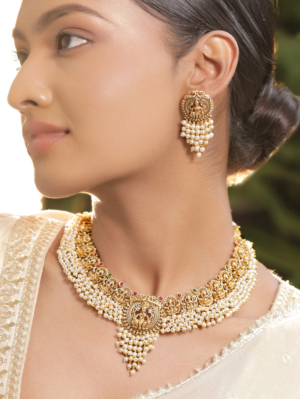 Pearl Beaded Laxmi Motif Gold Necklace Set