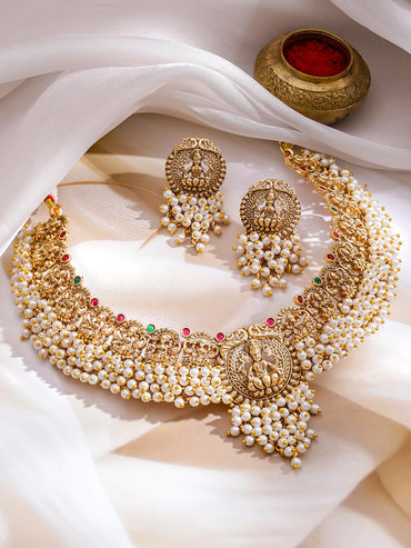 Pearl Beaded Laxmi Motif Gold Necklace Set