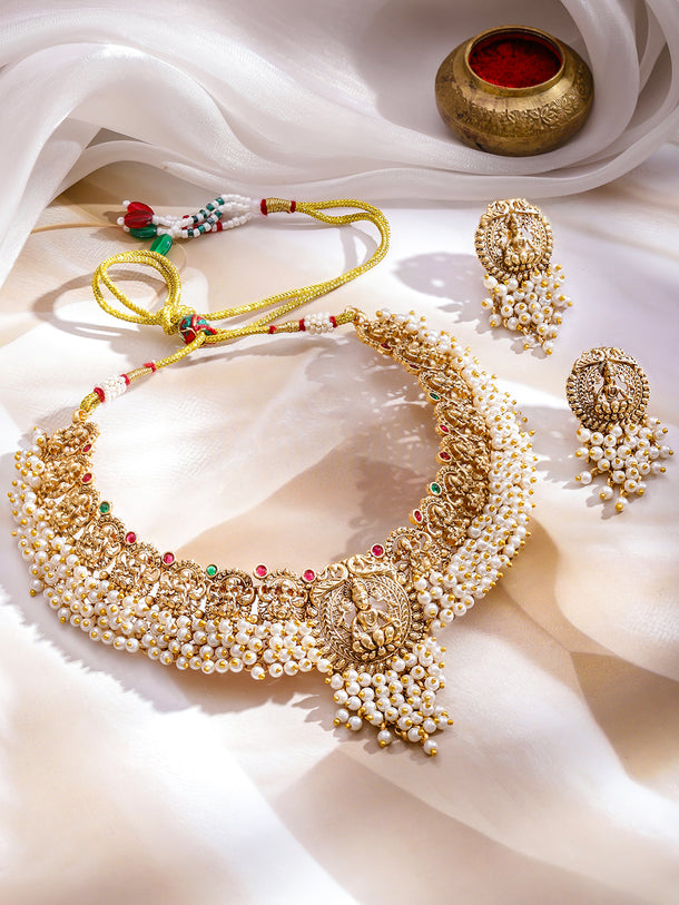 Pearl Beaded Laxmi Motif Gold Necklace Set
