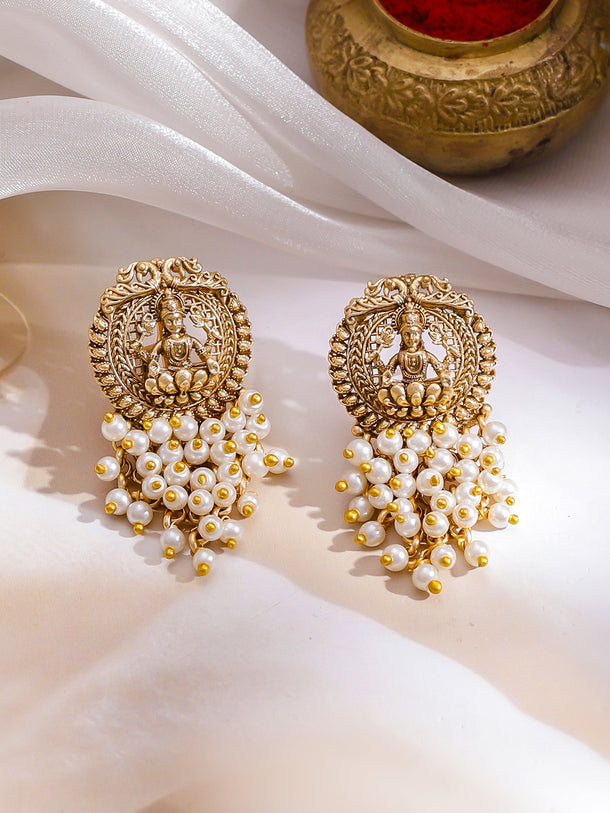 Pearl Beaded Laxmi Motif Gold Necklace Set