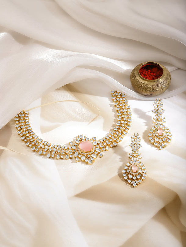 Pink American Diamond Zirconia Necklace Set