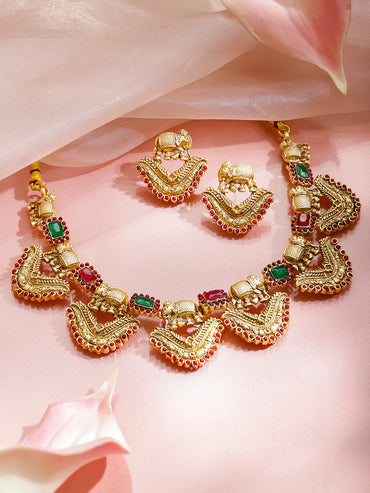 Multicolor Studded Elephant Motif Gold Necklace Set