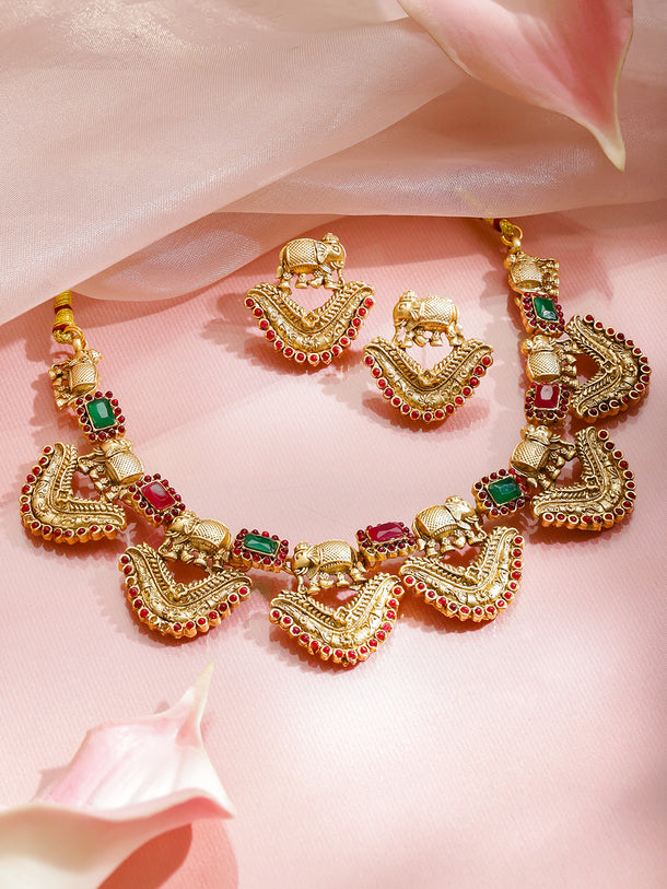 Multicolor Studded Elephant Motif Gold Necklace Set