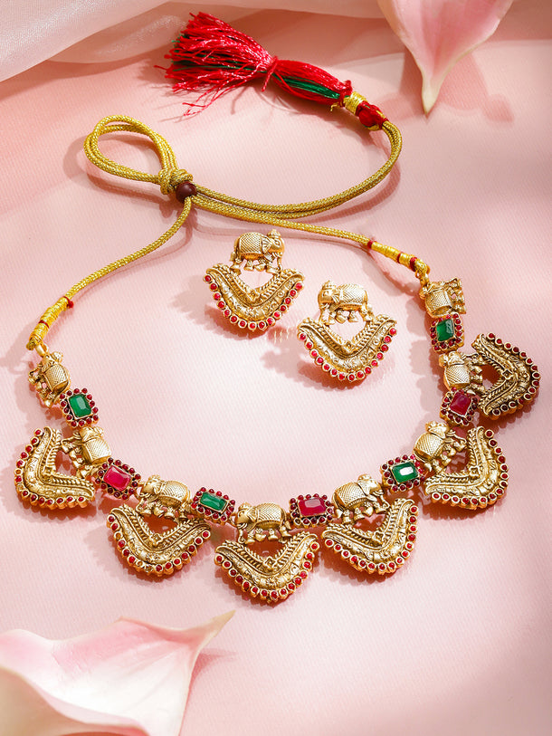 Multicolor Studded Elephant Motif Gold Necklace Set
