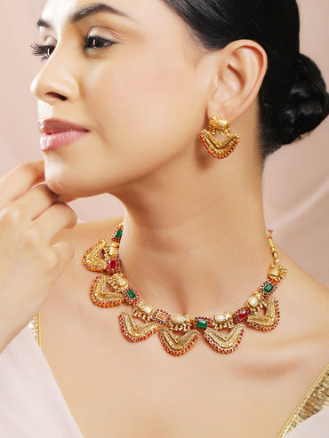 Multicolor Studded Elephant Motif Gold Necklace Set