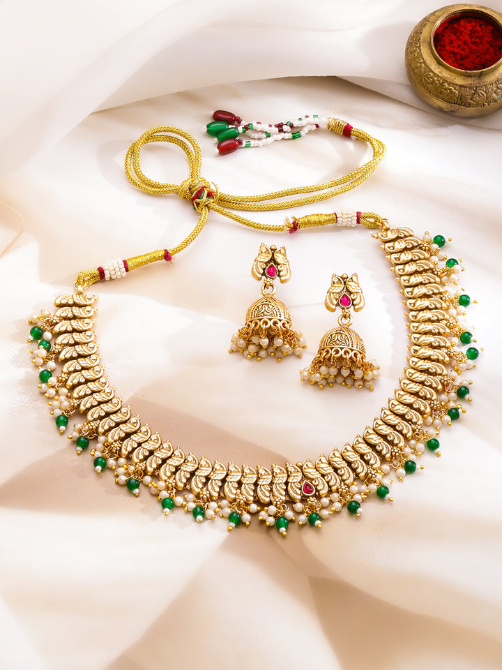 Peacock Glory Green & Pink Necklace Set