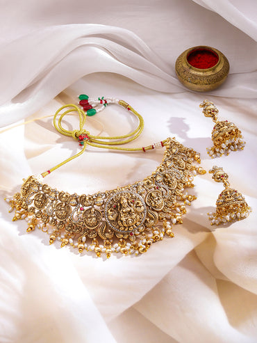 Laxmi Motif Pearl Beaded Gold Necklace Set