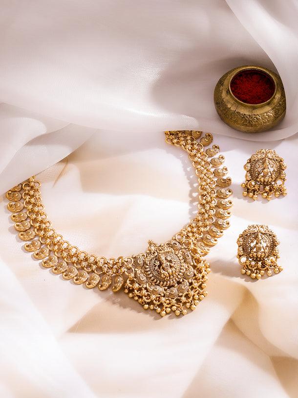 Laxmi Motif Gold Beads Necklace Set