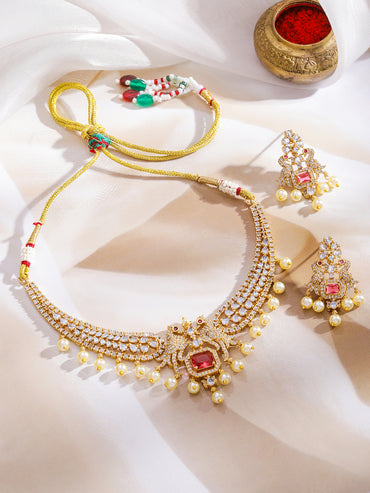 American Diamond Zirconia Pearl Necklace Set