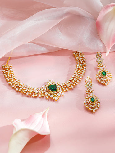 White & Green Studded Gold Necklace Set