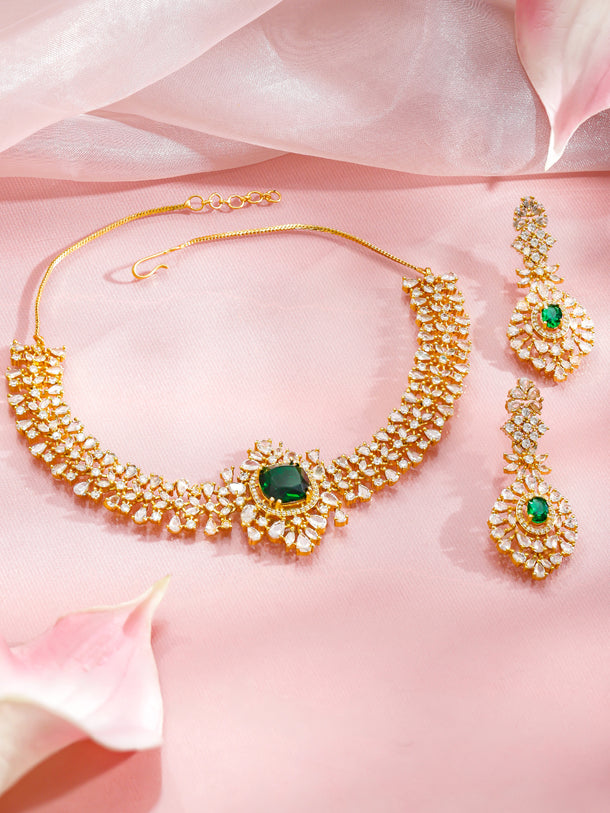 White & Green Studded Gold Necklace Set