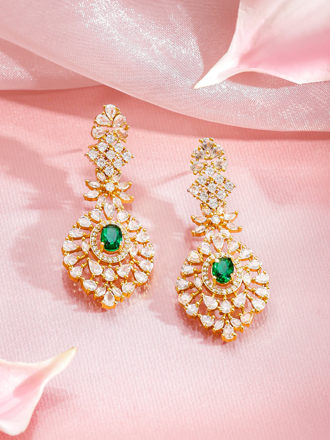 White & Green Studded Gold Necklace Set