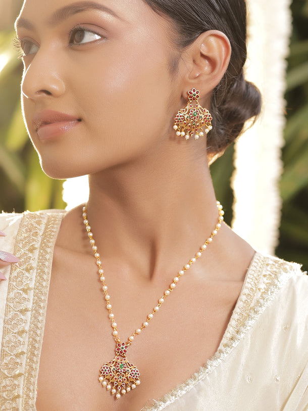 Rubans 22KT Gold-Plated Kundan-Studded & Pearls Beaded Jewellery Set