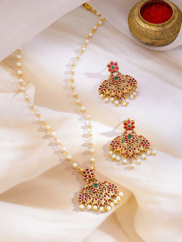 Rubans 22KT Gold-Plated Kundan-Studded & Pearls Beaded Jewellery Set