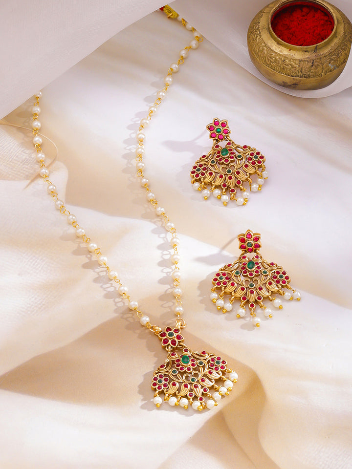 Rubans 22KT Gold-Plated Kundan-Studded & Pearls Beaded Jewellery Set