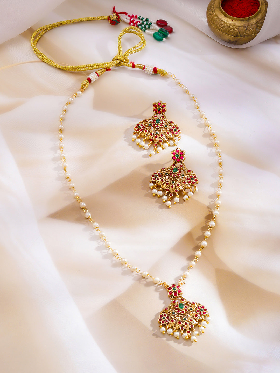 Rubans 22KT Gold-Plated Kundan-Studded & Pearls Beaded Jewellery Set