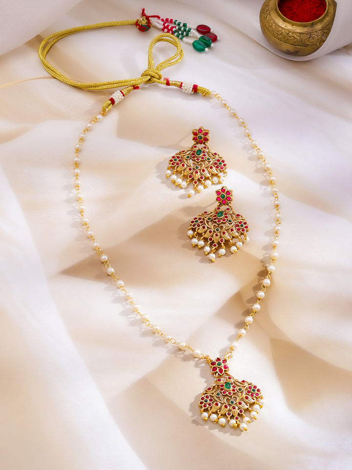 Rubans 22KT Gold-Plated Kundan-Studded & Pearls Beaded Jewellery Set