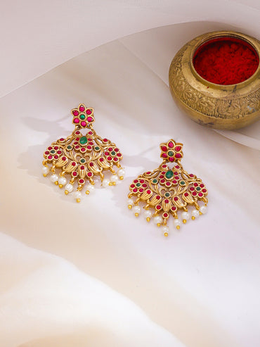 Rubans 22KT Gold-Plated Kundan-Studded & Pearls Beaded Jewellery Set