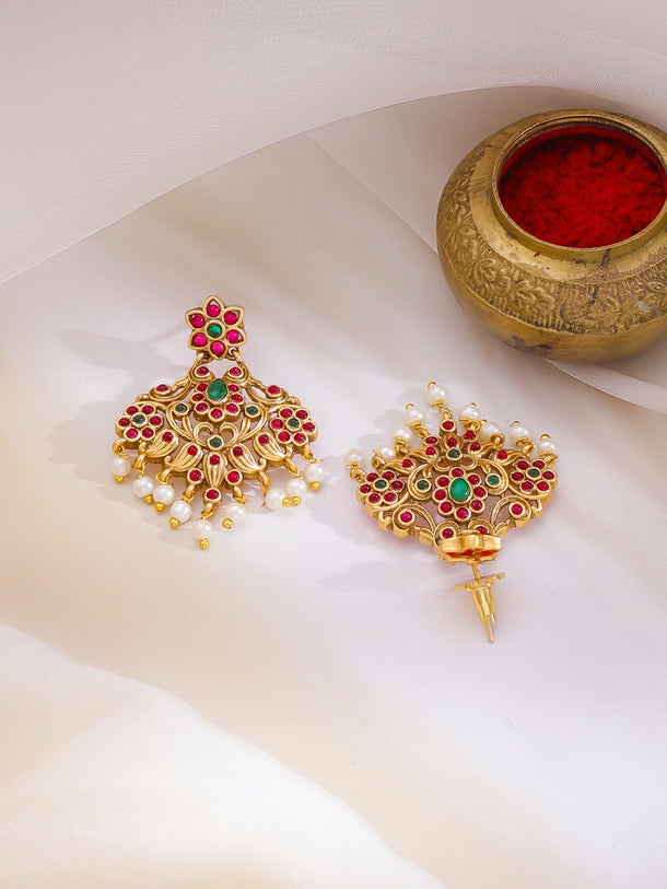 Rubans 22KT Gold-Plated Kundan-Studded & Pearls Beaded Jewellery Set