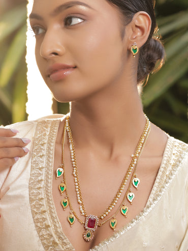 Red & Green Dual Layered Pearl Necklace Set