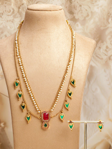 Red & Green Dual Layered Pearl Necklace Set
