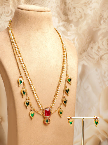 Red & Green Dual Layered Pearl Necklace Set