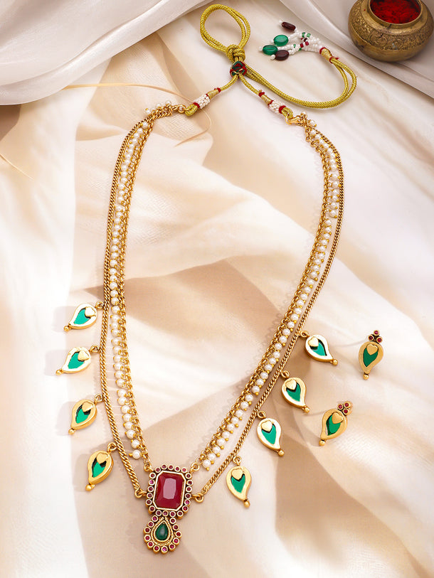 Red & Green Dual Layered Pearl Necklace Set