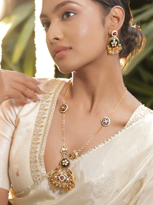 Gold Elephant & Peacock Motif Floral Drops Necklace Set