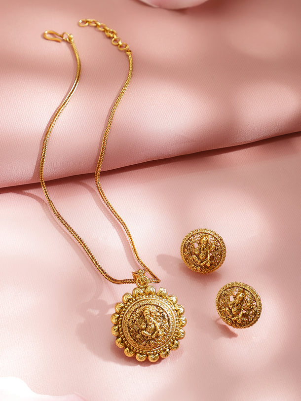 Ganesh Motif Golden Engraved Coin Pendant Set