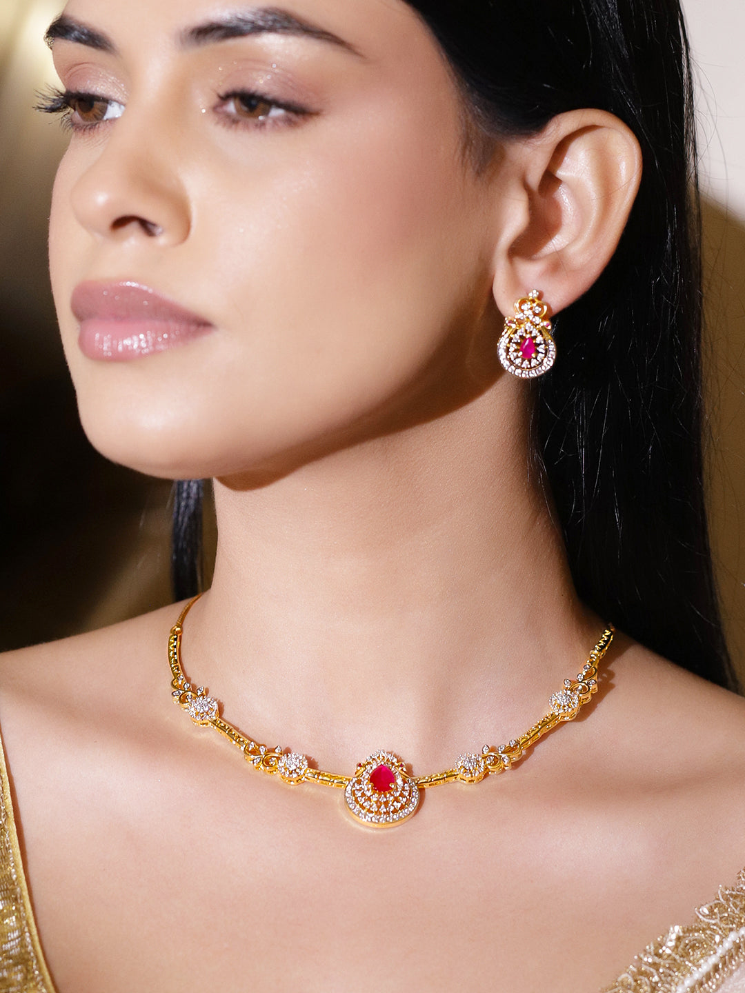 Heritage Style Pretty Pink Gold American Diamond Necklace Set