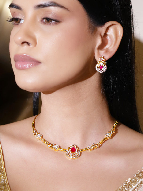 Heritage Style Pretty Pink Gold American Diamond Necklace Set