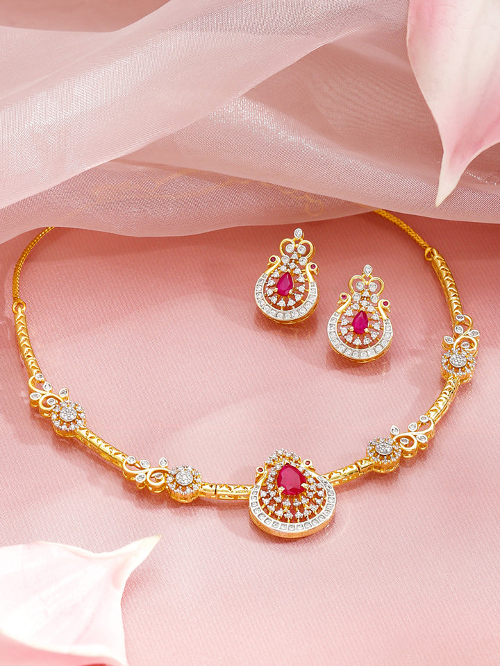 Heritage Style Pretty Pink Gold American Diamond Necklace Set