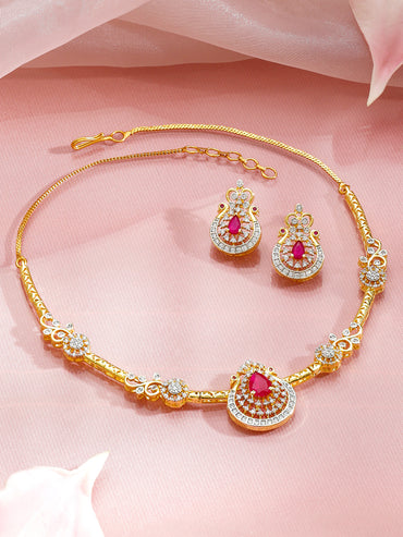 Heritage Style Pretty Pink Gold American Diamond Necklace Set