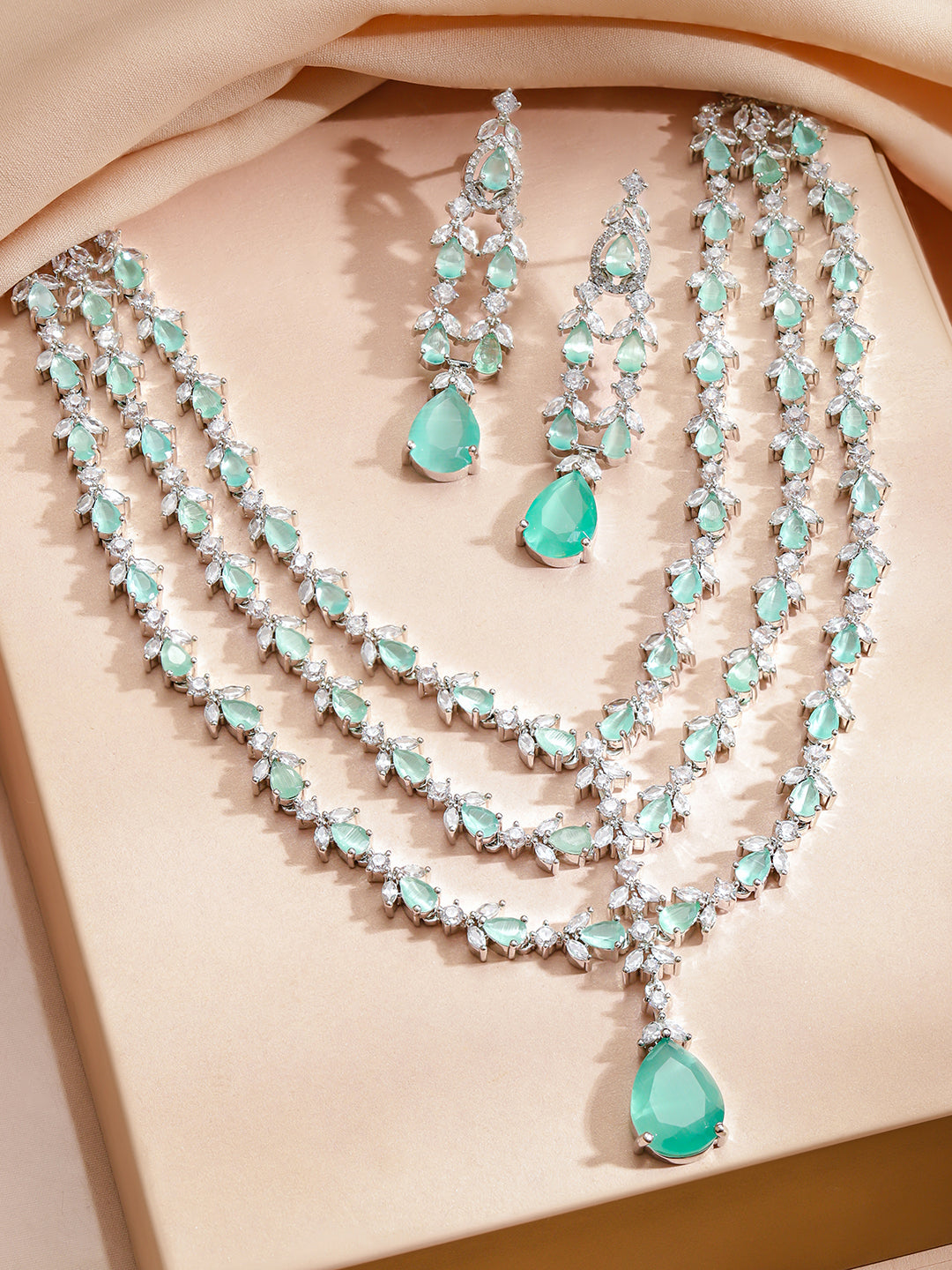 American Diamond Zirconia Green Layered Necklace Set