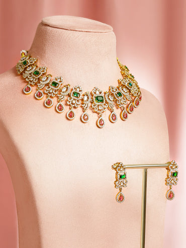Green & Pink American Diamond Zirconia Necklace Set
