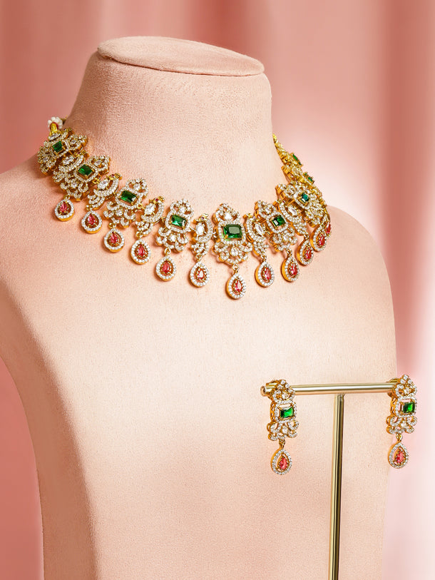 Green & Pink American Diamond Zirconia Necklace Set
