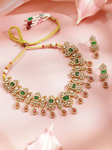 Green & Pink American Diamond Zirconia Necklace Set