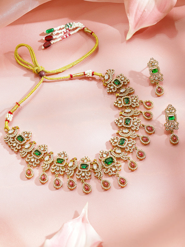 Green & Pink American Diamond Zirconia Necklace Set