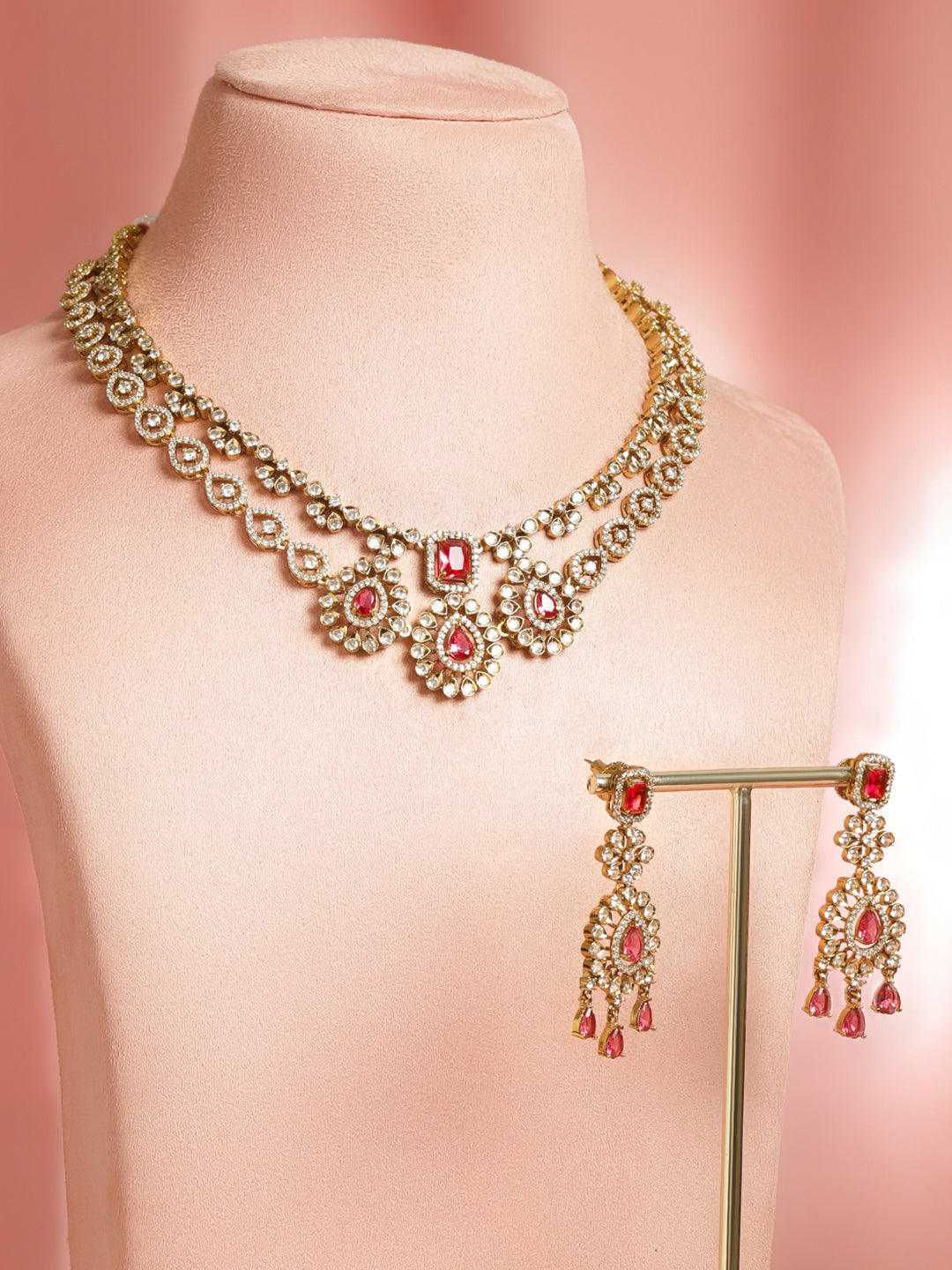 American Diamond Zirconia Pink Layered Necklace Set