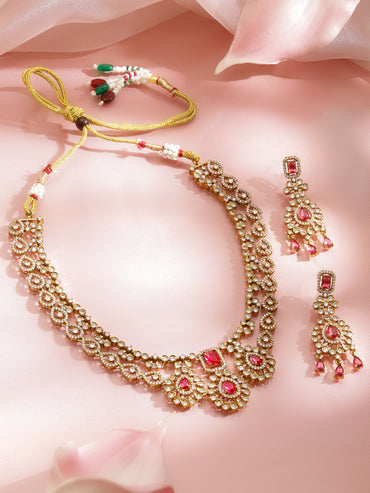 American Diamond Zirconia Pink Layered Necklace Set