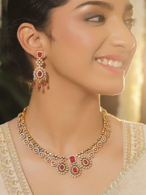 American Diamond Zirconia Pink Layered Necklace Set