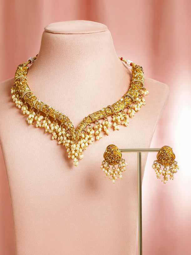 Pearl Beaded Floral Gold Necklace Set