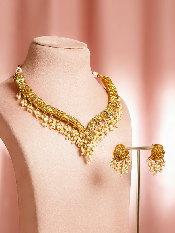 Pearl Beaded Floral Gold Necklace Set